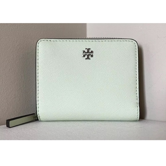 New Tory Burch Emerson Mini Saffiano Leather Wallet Meadow Mist - Picture 1 of 5
